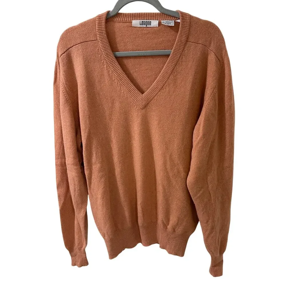 Vintage I. Magnin Men's 100% Cashmere V-Neck Pullover Sweater Faded Orange, L